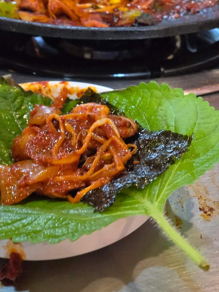 Seoul Jjukkumi, near Nonhyeon Station — webfoot octopus and pork belly on a table pan, ₩16,000 a portion — Seoul Jjukkumi Jamwon