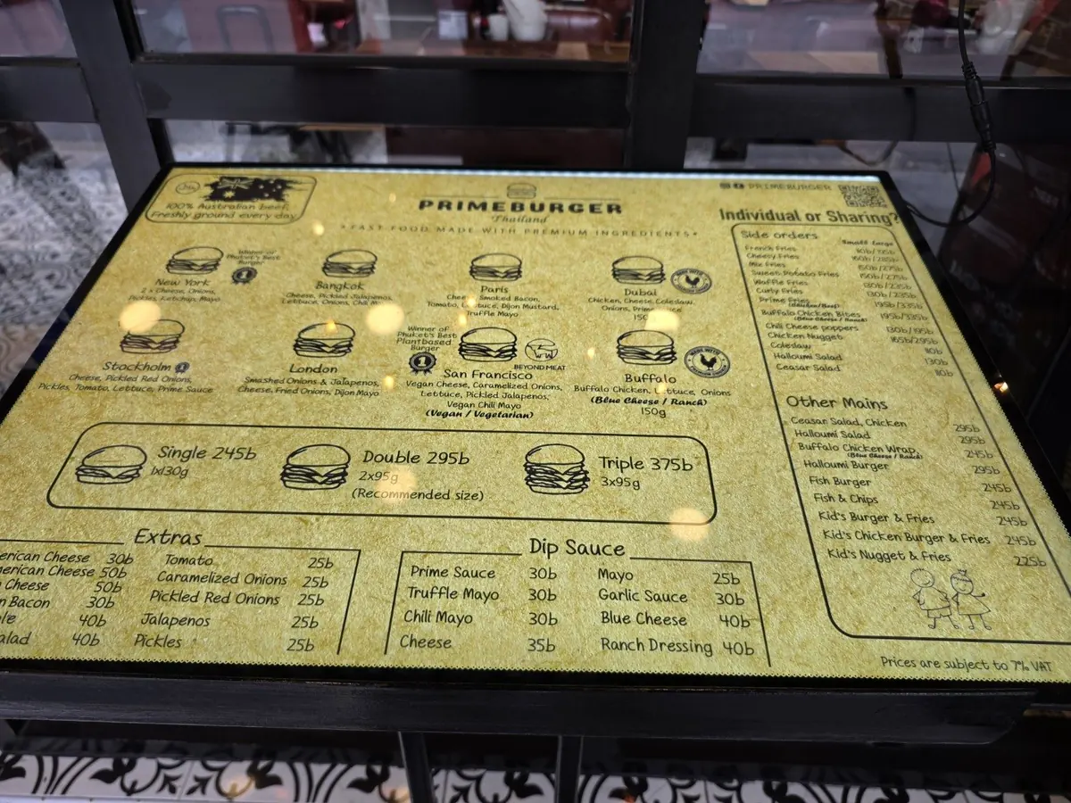 Burger menu. โ Prime Burger, Sukhumvit, Bangkok