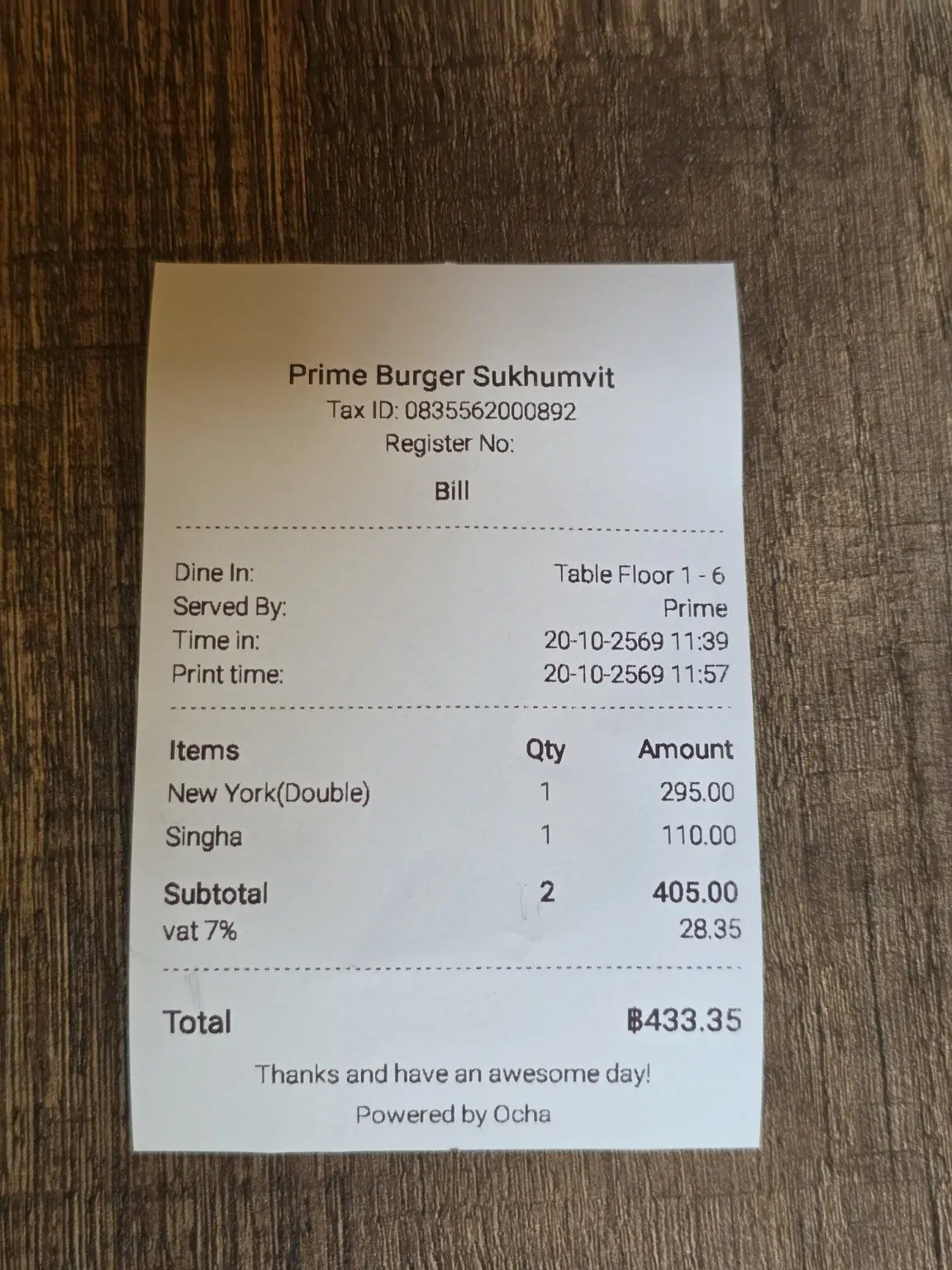 The itemized order. โ Prime Burger, Sukhumvit, Bangkok