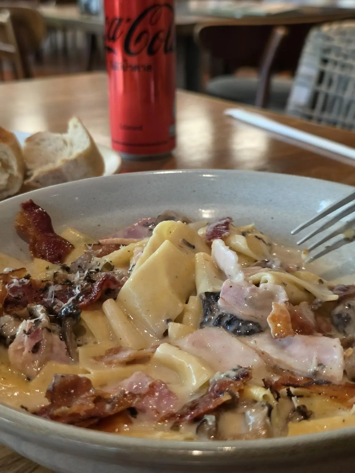 Truffle Alfredo topped with bacon and mushrooms. — ROAST, Bangkok