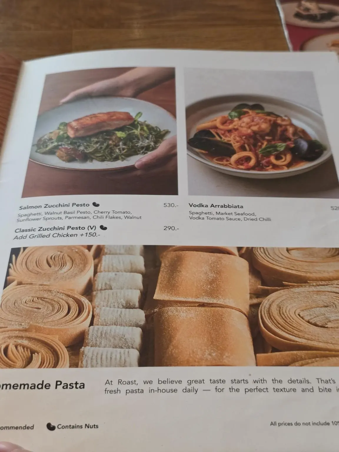 The pasta menu, with a note on their homemade pasta. — ROAST, Bangkok