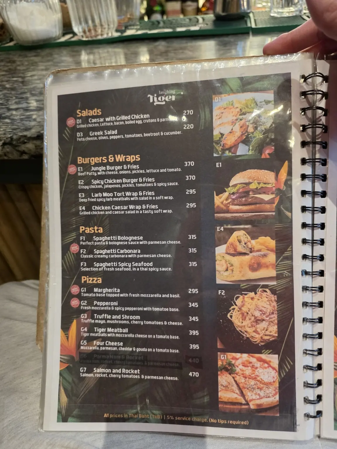 汉堡、意面等菜单。📋 — The Laughing Tiger, Phrom Phong, Bangkok