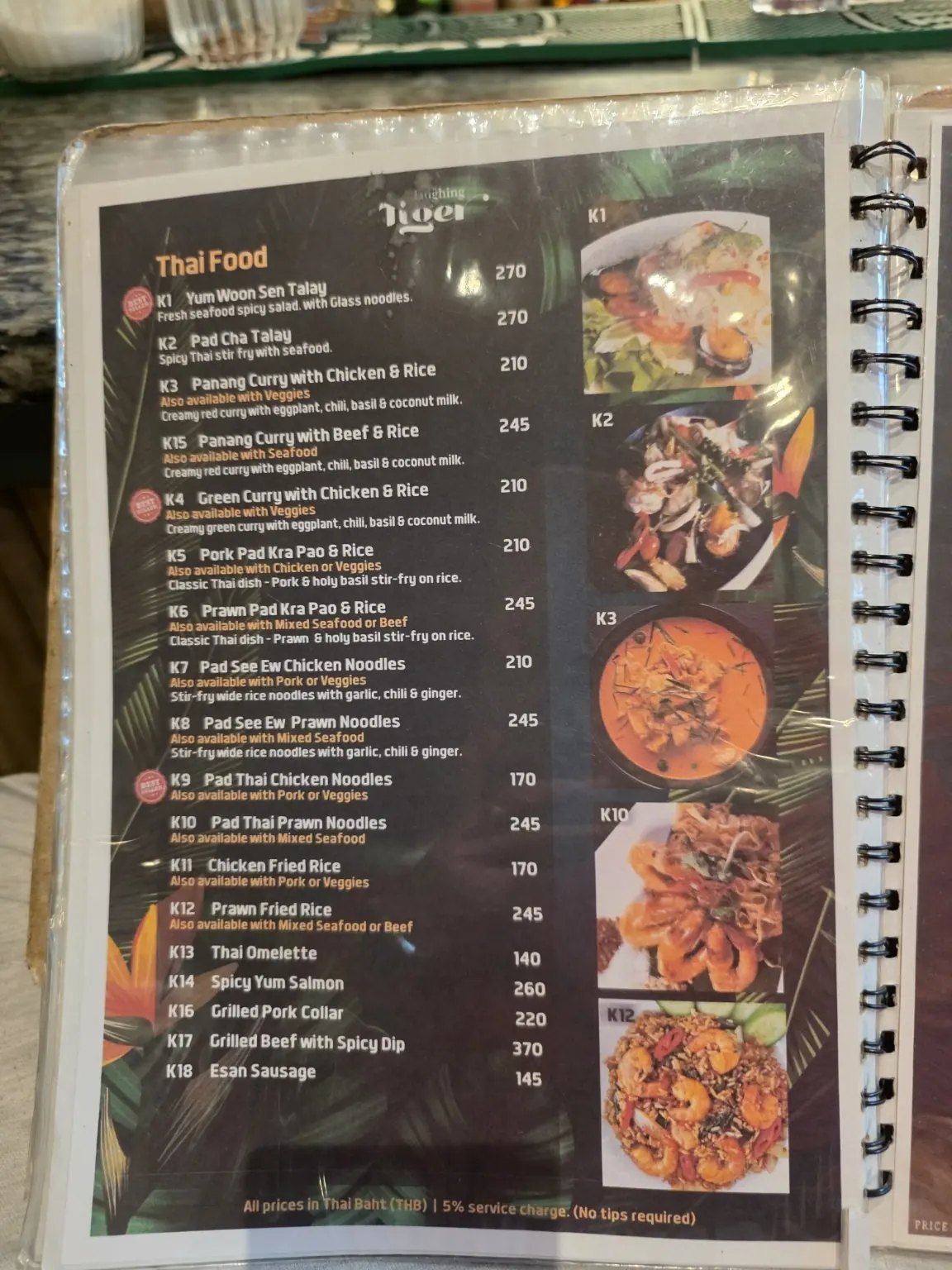泰国菜菜单。📋 — The Laughing Tiger, Phrom Phong, Bangkok