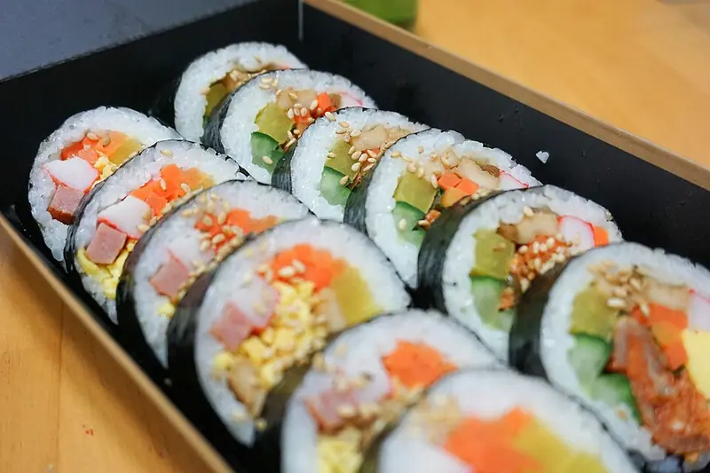 Sliced vegetable gimbap seaweed rice rolls