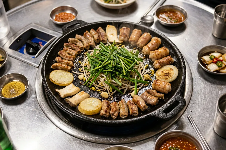 Beef gopchang, daechang and makchang grilling on a round iron pan with bean sprouts and garlic chives
